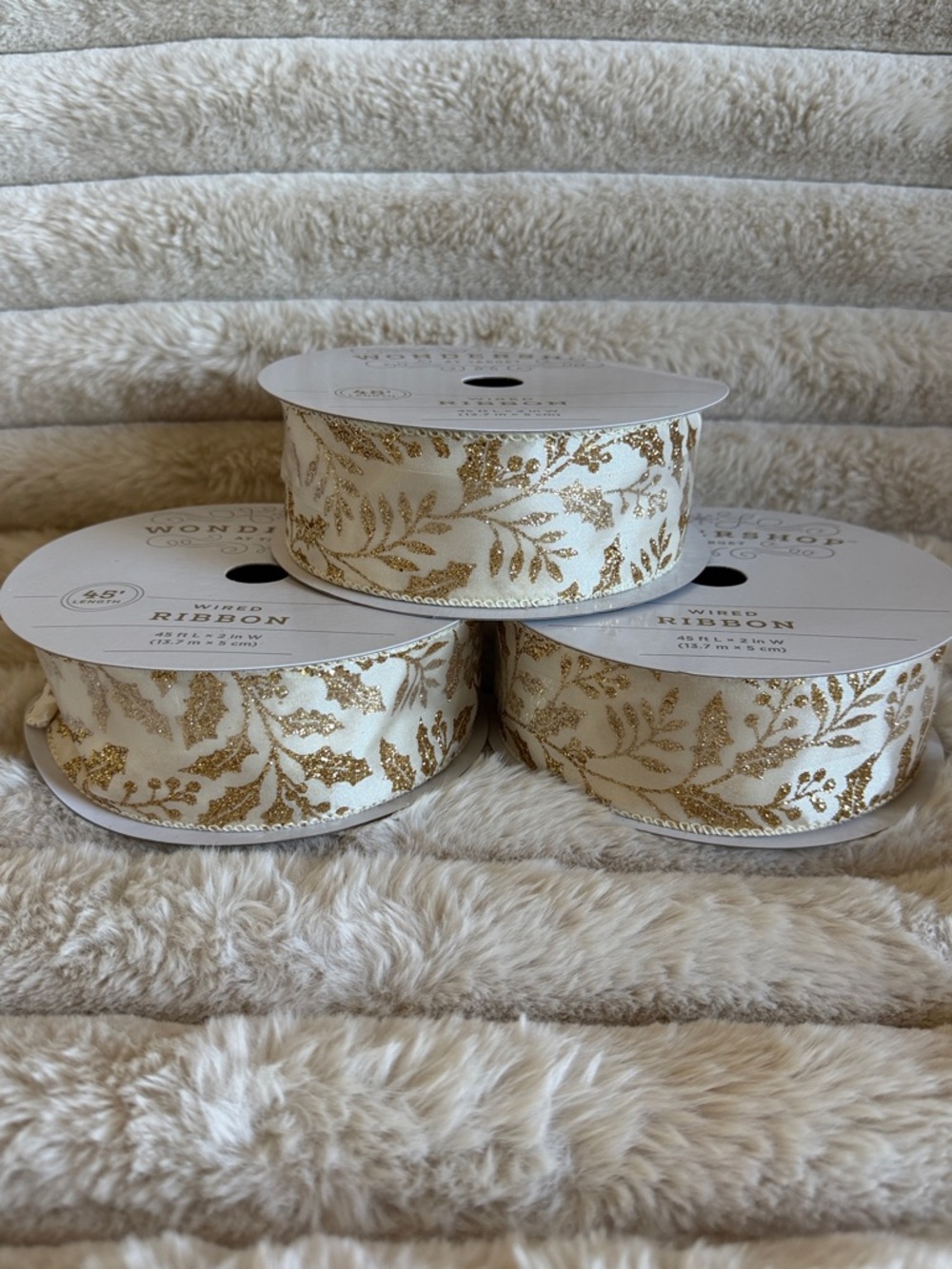 Wondershop Holiday Christmas Wired Ribbon Ivory & Gold Wreath & Garland NEW!
